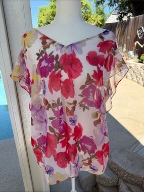 CAbi - Floral Sheer Blouse - Pink & Purple